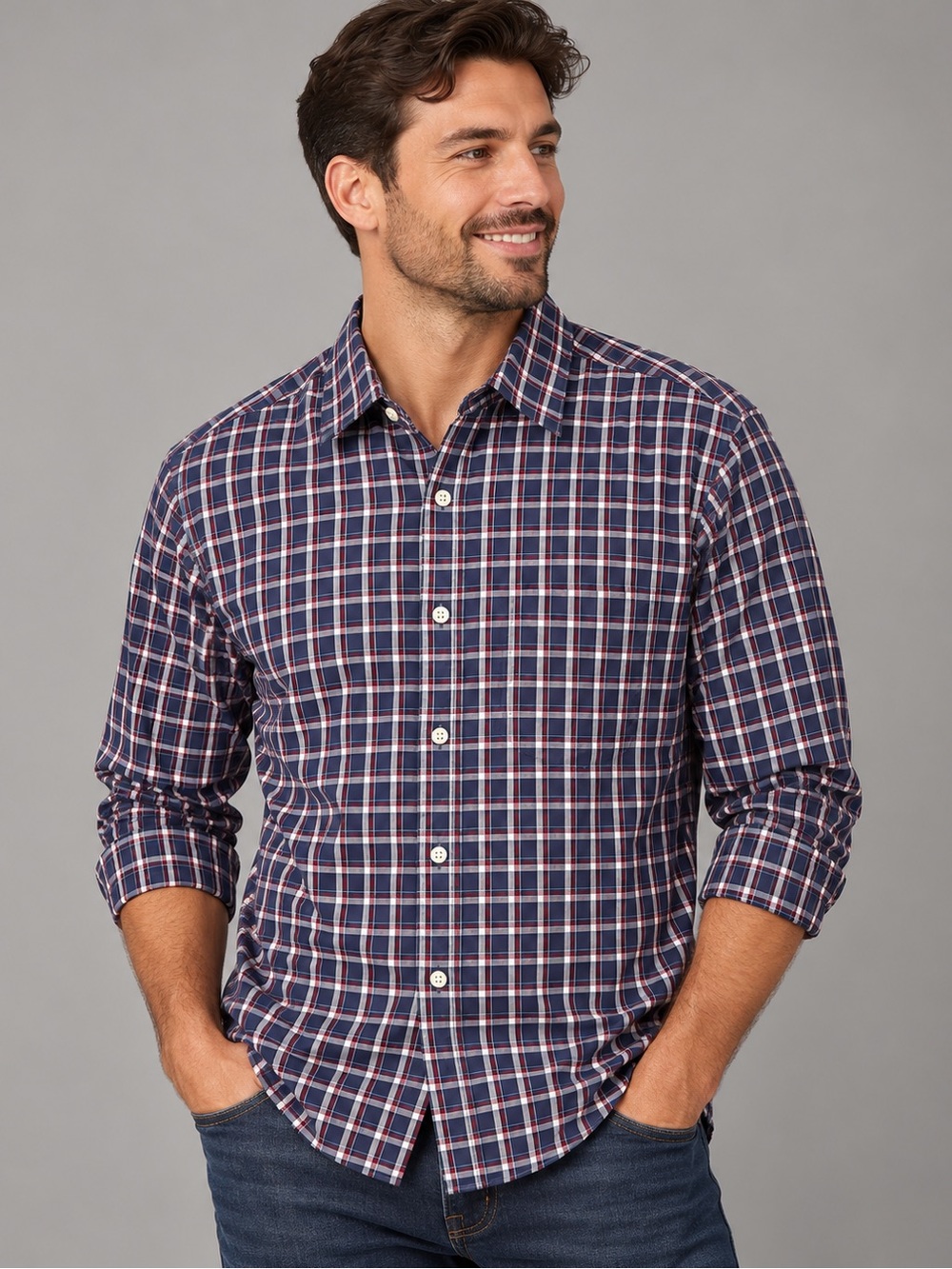 Men’s Large Slim Fit Plaid Button Down Shirt Navy Red Built-In Flex